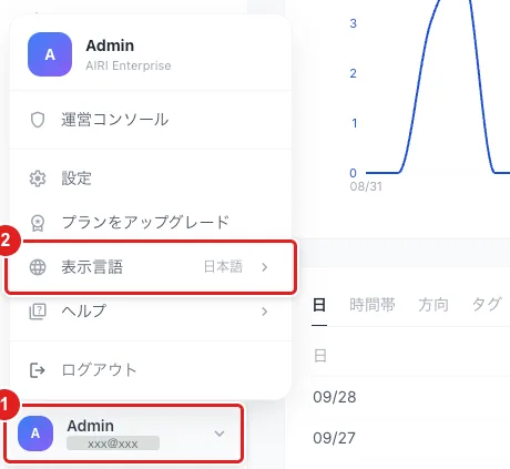 左下のアカウントメニュー（1）を開いたところ。「表示言語」の項目（2）