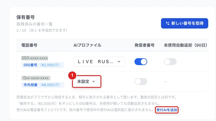 番号の行の「AIプロファイル」の選択（1）と「受付AIを追加」