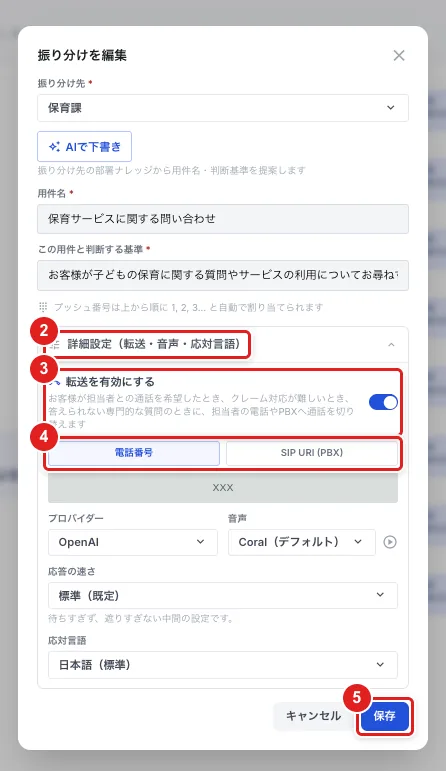「振り分けを編集」の「詳細設定（転送・音声・応対言語）」（2）を開き、「転送を有効にする」（3）をオンにしたところ。「電話番号」「SIP URI（PBX）」の入力欄（4）と「保存」（5）
