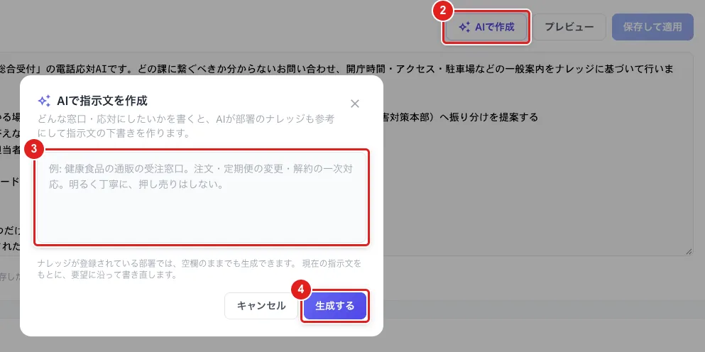 「AIで作成」（2）を押すと開く「AIで指示文を作成」。要望を書く欄（3）と「生成する」（4）