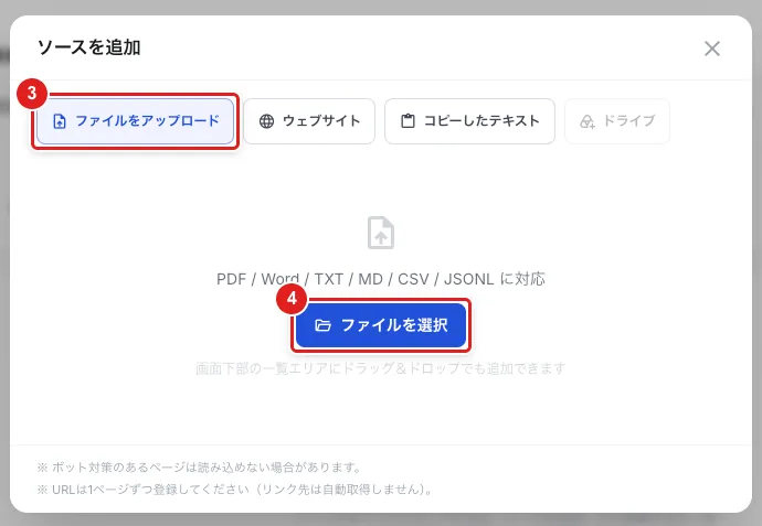 「ソースを追加」。「ファイルをアップロード」（3）と「ファイルを選択」（4）。使える形式は PDF / Word / TXT / MD / CSV / JSONL