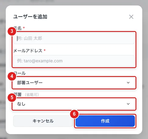「ユーザーを追加」。「氏名」と「メールアドレス」（3）、「ロール」（4）、「部署」（5）、「作成」（6）