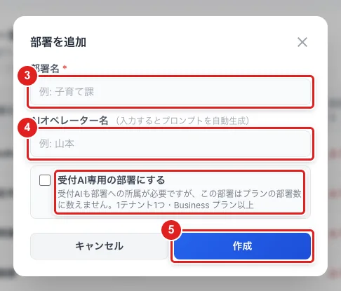 「部署を追加」。「部署名」(3)、「AIオペレーター名」(4)、「受付AI専用の部署にする」のチェック、「作成」(5)